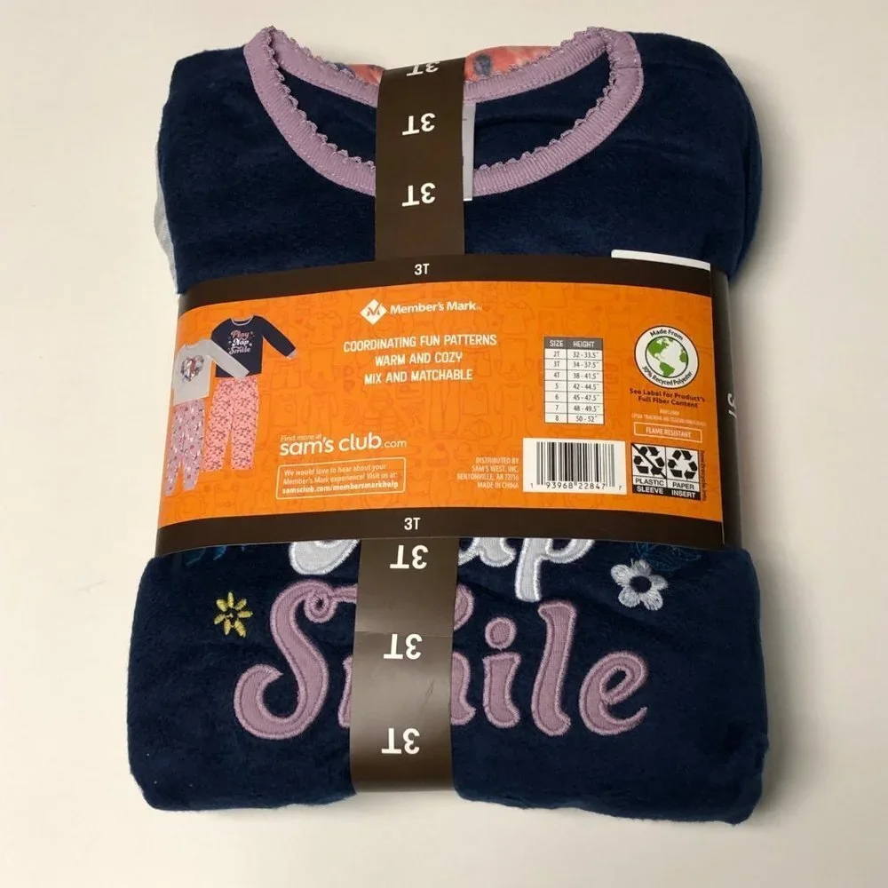 Member's Mark Girl's 2 Long‎ Sleeve & 2 Pants 4-Piece Fleece Pajama Set 3T NWT